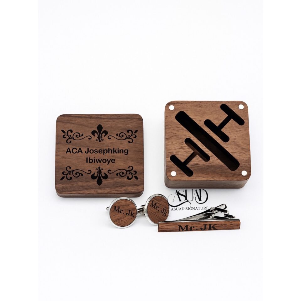Engraved wooden cufflinks & tie clip set