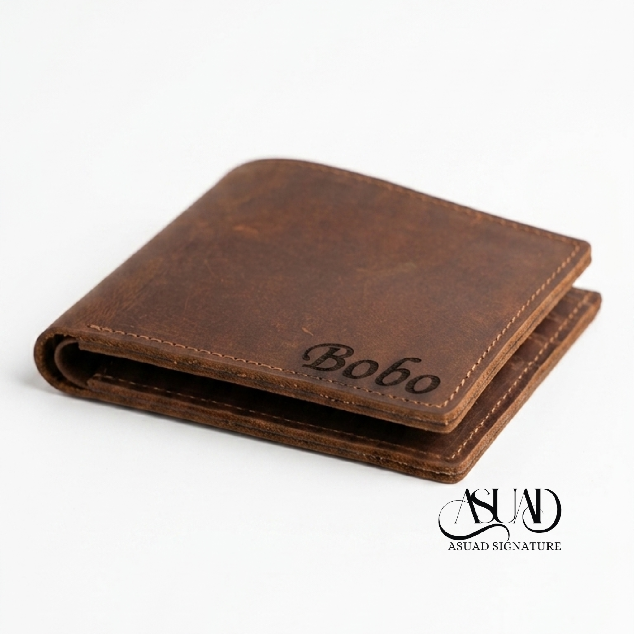 Engraved short crazy horse leather wallet